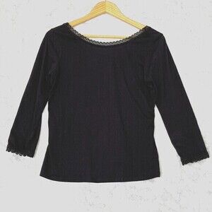 Boden Top Womens 6 Black Lace Trim Detail‎ Long Sleeves Cotton Blend Effortless